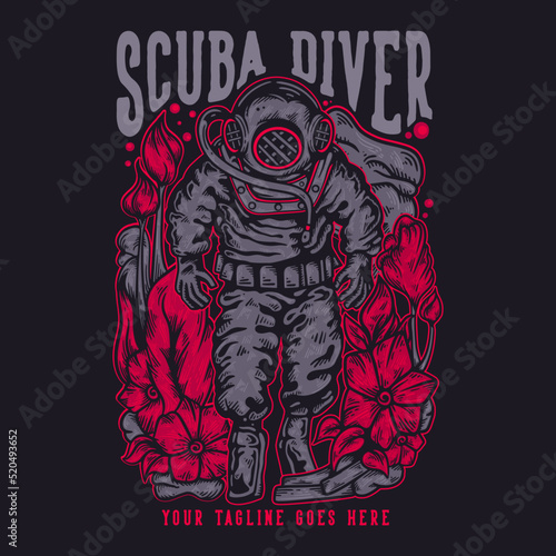 t shirt design scuba diving with diver man walking wearing diver suit with black background vintage illustration