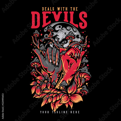 t shirt design deals with the devils with pinky promise and black background vintage illustration
