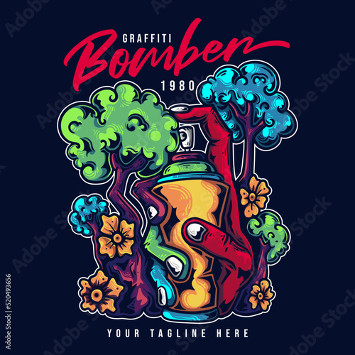 t shirt design graffiti bomber with hand holding a spray paint vintage illustration