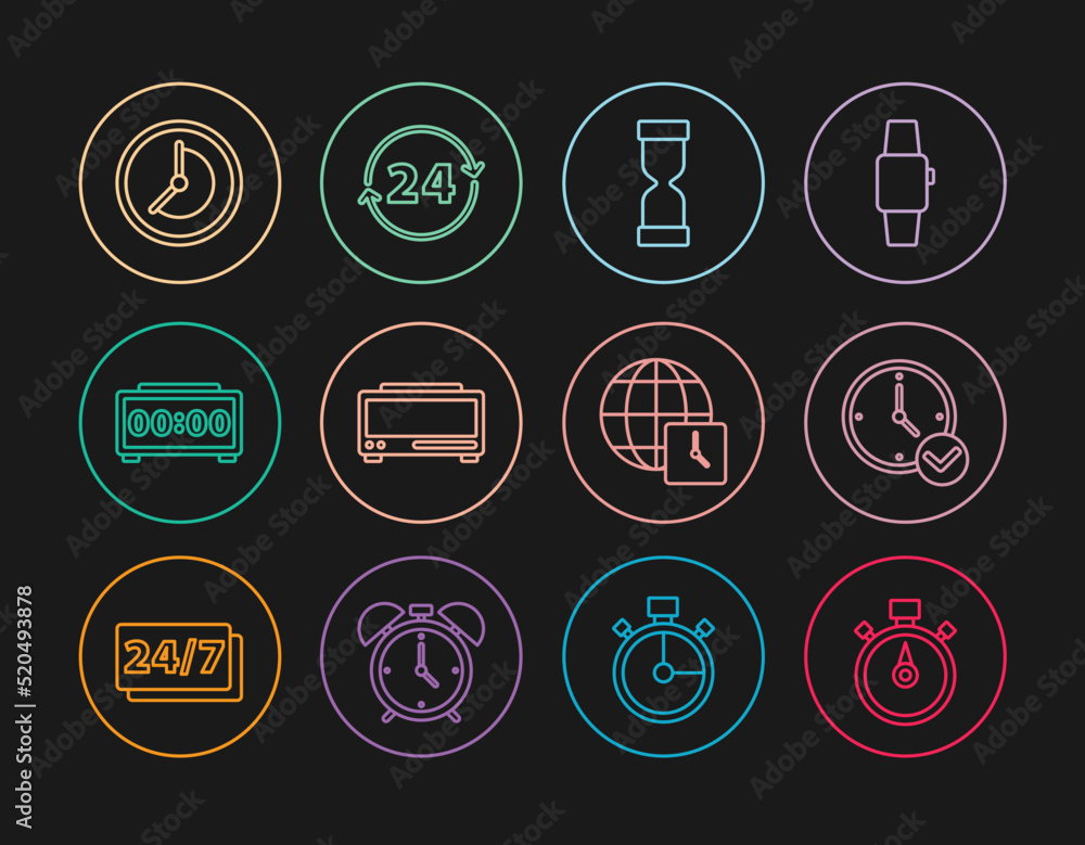 Set line Stopwatch, Clock, Old hourglass, Digital alarm clock, World time and 24 hours icon. Vector Set line Stopwatch, Clock, Old hourglass, Digital alarm clock, World time and 24 hours icon. Vector