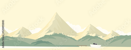 landscape with mountains and lakes and the port and thIe boat.