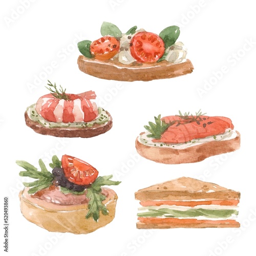 Beautiful set with watercolor hand drawn sandwiches and bruschetta. Stock clip art illustrations