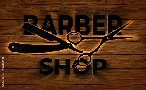 Barber shop advertisement. Vector illustration of signboard for barbershop on wooden wall background. Sketch for creativity.