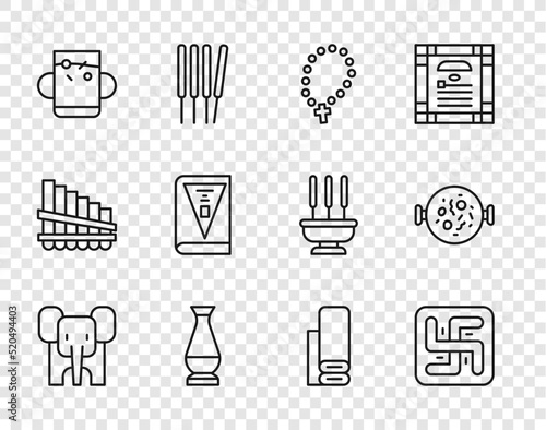 Set line Elephant, Hindu swastika, Rosary beads religion, Indian vase, Cup of tea and leaf, constitution day, textile fabric and Chicken tikka masala icon. Vector