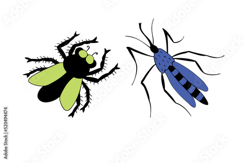 Vector colorful fly, mosquito in flat style. Top view insects. Cliparts, design elements on theme of nature, spring, summer, isolated