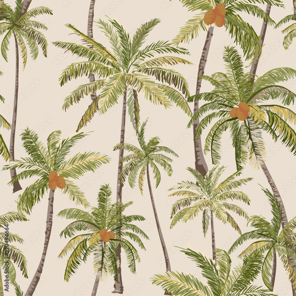 Beautiful Tropical Palm Hawaii seamless pattern, Vintage Hawaii style, palm hand draw illustration, Palm Vector illustration On Beige Background Wallpaper