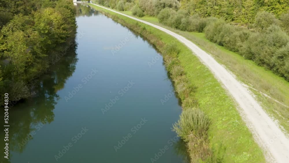 Aerial flight over a large bend in the Isar River near Munich in the Bavarian state of Germany Aerial flight over a large bend in the Isar River near Munich in the Bavarian state of Germany