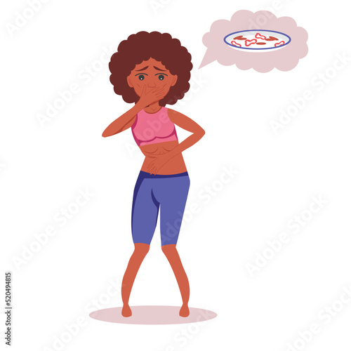 Very thin African American woman with mental disorder anarexia and bulimia feels nauseous thinking about food, loses weight, feels guilty
