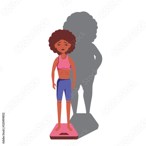 very thin Afro American Black woman with a mental disorder of anarexia and bulimia stands on the scales, feeling fat, feeling a fat shadow behind her