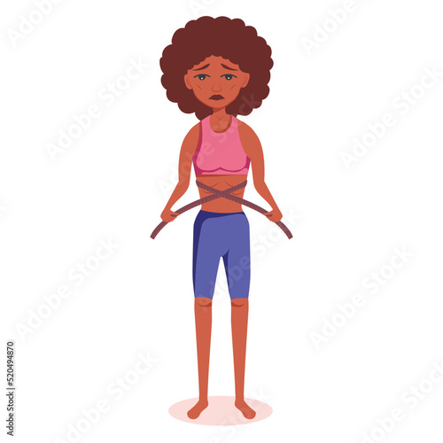 very thin Afro American Black woman with a mental disorder of anarexia and bulimia measures her waist with a centimeter tape, feeling fat, dissatisfied with her weight, wants to lose even more weight