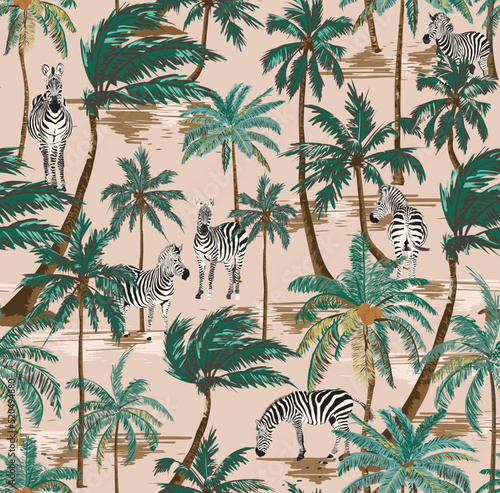 Palm Hawaii Safari Jungle Seamless Pattern, Zebra With Palm Tree illustration Vector 