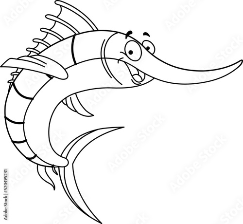 Outlined happy swordfish. Vector line art illustration coloring page.