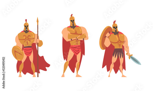 Spartan Man in Red Cloak and Helmet Armed with Spear and Shield Standing Vector Set photo