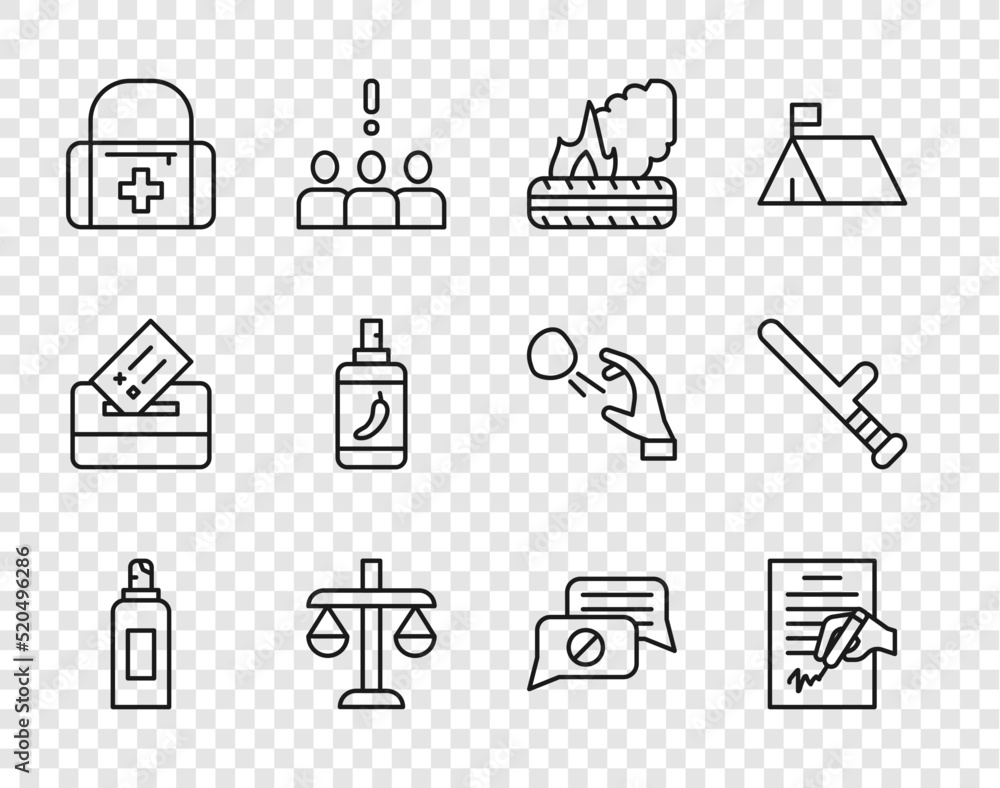 Set line Paint spray can, Petition, Lying burning tires, Scales of justice, First aid kit, Pepper, Speech bubble chat and Police rubber baton icon. Vector Set line Paint spray can, Petition, Lying burning tires, Scales of justice, First aid kit, Pepper, Speech bubble chat and Police rubber baton icon. Vector