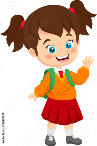 Cute indonesian elementary school girl wearing red and white uniform waving hand