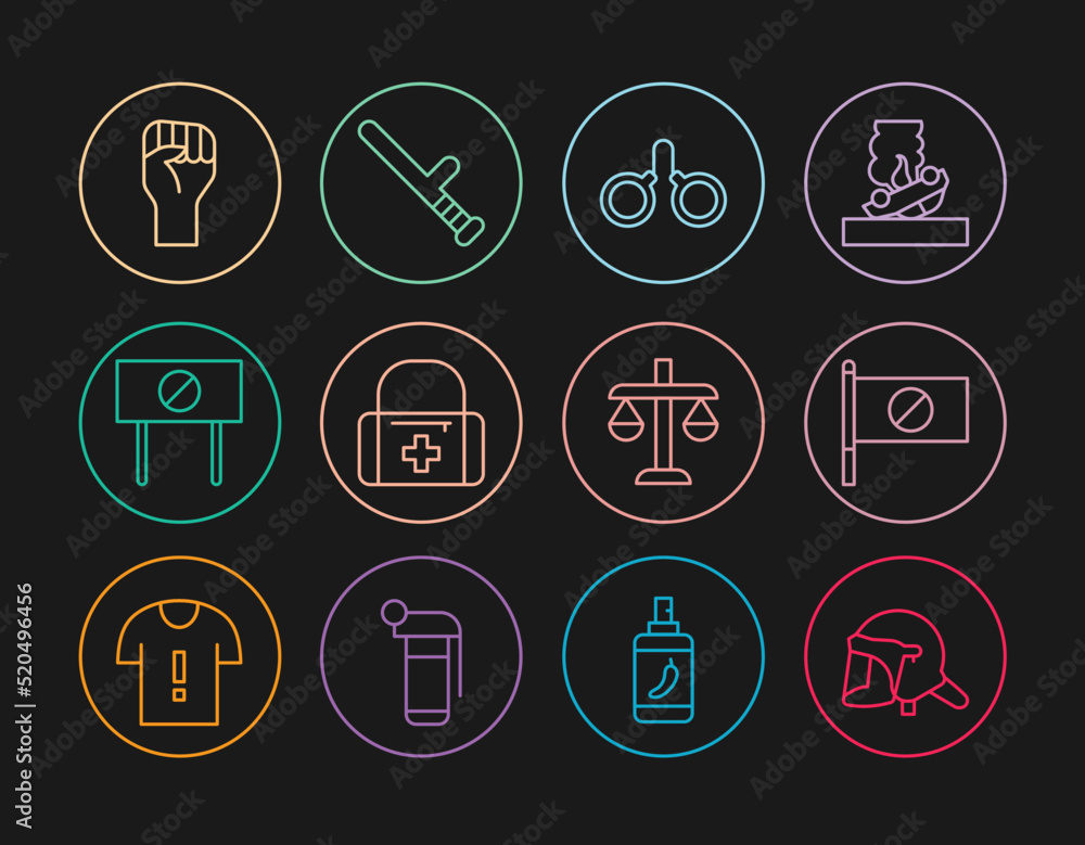 Set line Police helmet, Protest, Handcuffs, First aid kit, Raised hand with clenched fist, Scales of justice and rubber baton icon. Vector Set line Police helmet, Protest, Handcuffs, First aid kit, Raised hand with clenched fist, Scales of justice and rubber baton icon. Vector
