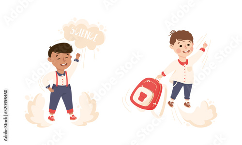 Superhero Kid at School Flying Forward Achieving Goal and Gaining Knowledge Vector Set