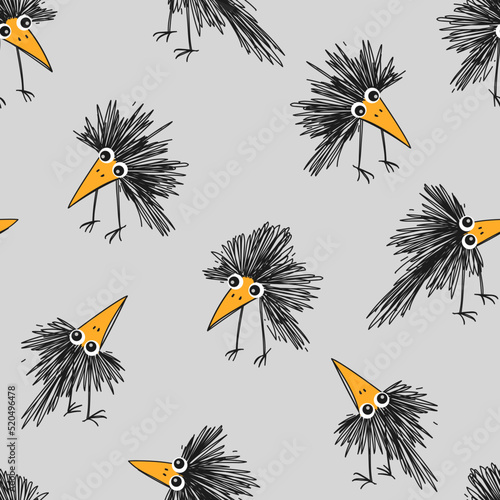 Seamless pattern with fluffy cartoon crow