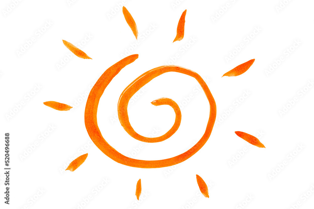 The symbol of the sun is drawn with an orange brush on white paper. The symbol of the sun is drawn with an orange brush on white paper.