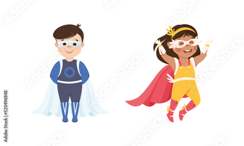 Little Boy and Girl Wearing Costume of Superhero Pretending Having Power for Fighting Crime Vector Set