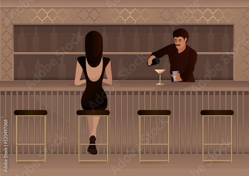 the girl is sitting at the bar, the bartender makes a cocktail. the woman is sitting at the bar. beautiful woman sitting in a restaurant