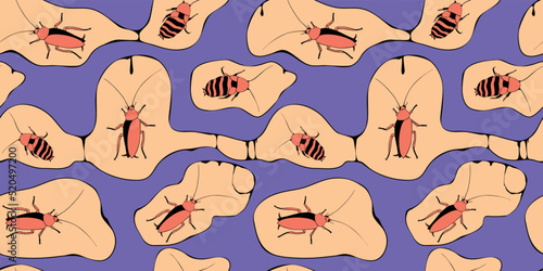 Vector seamless pattern from oriental and madagascar cockroaches, beetles, insects. Pest control background and texture