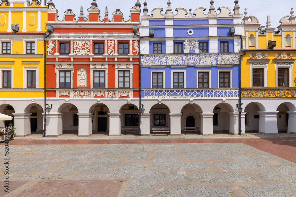 Medieval armenian tenement houses , colorful mannerist-baroque tenement houses in the Old Town, Zamosc, Poland