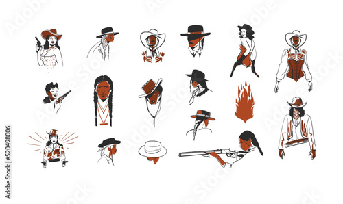 Hand drawn abstract vector graphic clipart illustrations boho cowgirls and cowboys in hats portraits bundle.Western design concept.Bohemian wild west contemporary art.Cowboy girl modern drawing logo.