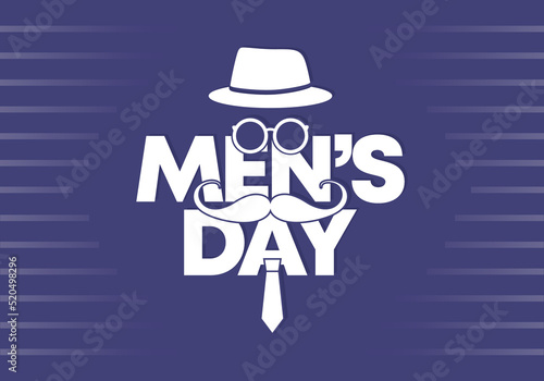 Men day background banner poster with hat, glasses, moustache and tie on blue color.
