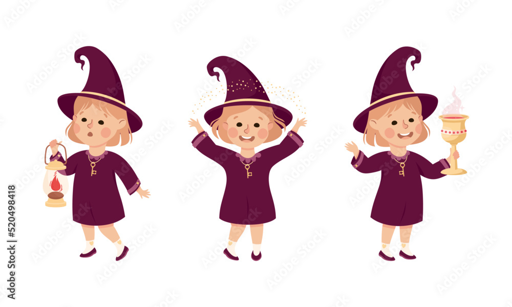 Happy Girl Witch in Purple Dress and Pointed Hat with Lantern and Goblet with Potion Vector Set Happy Girl Witch in Purple Dress and Pointed Hat with Lantern and Goblet with Potion Vector Set