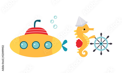Cute Seahorse with Steering Wheel and Submarine Floating Underwater Vector Set