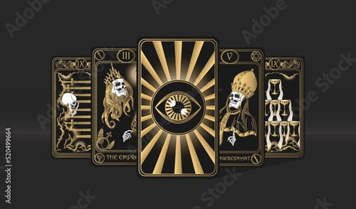 Black vector banner for fortune telling, tarot reading concept with tarot cards. Magic background design vector illustration in gold colour. Landing page, web design. Occultism, esoteric, witchcraft.