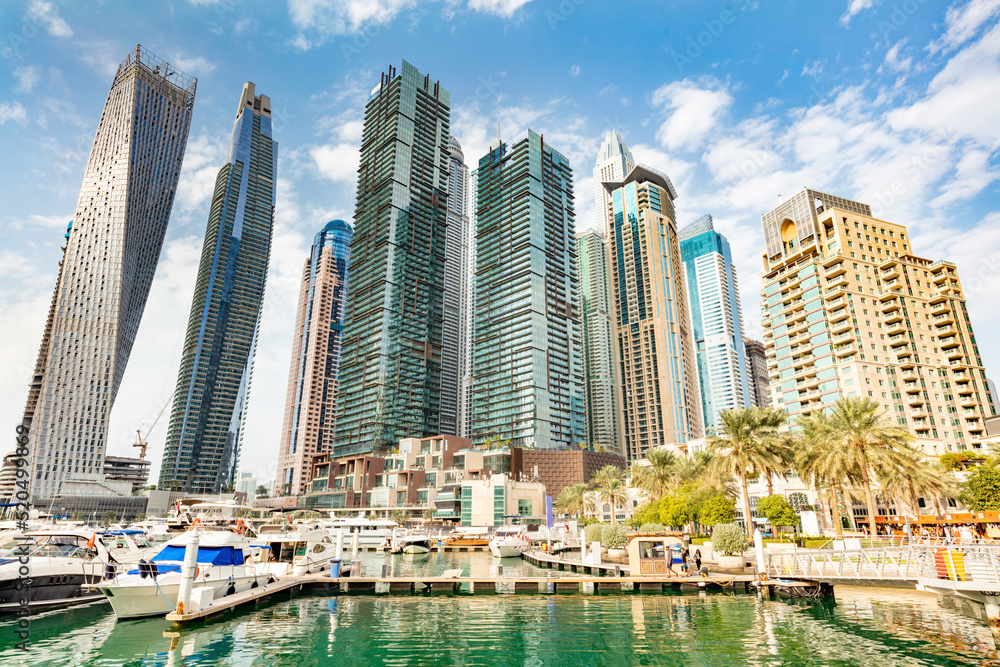 Fototapeta premium Dubai marina with yachts in UAE