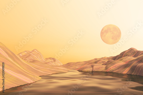 Abstract sand, water and sun landscape wallpaper. Nature concept and 3D Rendering.