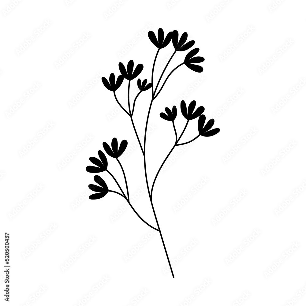 Illustration of a flower, silhouette of a twig with flowers and leaves. Vector illustration. Floral print.