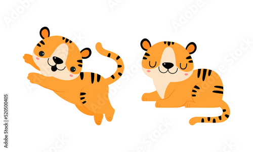 Cute Little Striped Tiger Cub with Orange Fur Sitting and Leaping Vector Set
