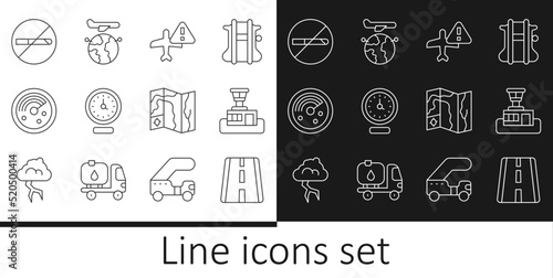 Set line Airport runway, control tower, Warning aircraft, Clock, Radar with targets monitor, No Smoking, World travel map and Globe flying plane icon. Vector