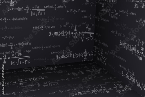 3d background of equations and formulas for mathematics, algebra, logarithms and derivatives, science and engineering background photo