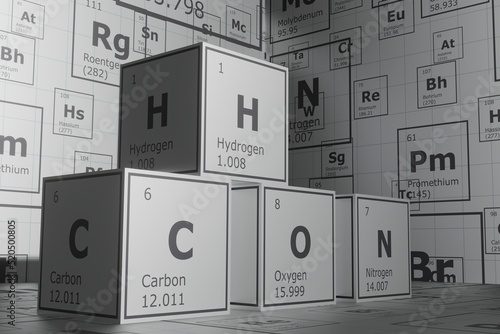 3d background of the elements of the periodic table, carbon, hydrogen, oxygen and nitrogen, science and engineering background