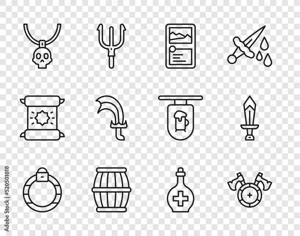 Set line Magic stone ring, Medieval shield with axe, Card game