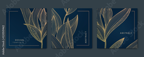 Stampa su tela Vector set of abstract luxury golden square cards, post templates for social net, leaves botanical modern, art deco wallpaper background