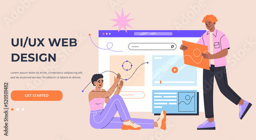 Young man and girl engaged in design user interface. UI, UX designers develop websites and mobile applications. Hand drawn vector illustration isolated on light background, modern flat cartoon style