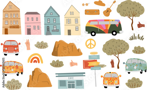 groovy hippie clipart, retro 70s hippy bus van clip art, road trip vector illustration, mountain landscape scenery, peace and love clipart, vintage scene creator