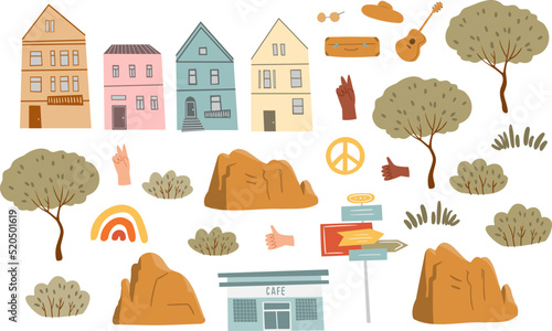 groovy hippie clipart, retro 70s hippy clip art, road trip vector illustration, mountain landscape scenery, peace and love clipart, vintage scene creator