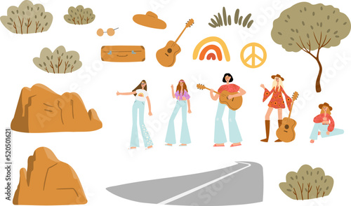 groovy hippie clipart, retro 70s hippy clip art, road trip vector illustration, mountain landscape scenery, peace and love clipart, vintage scene creator