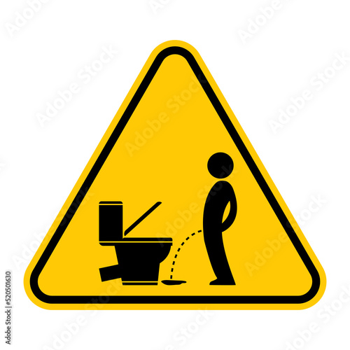 Peeing on the floor sign. Vector illustration of yellow triangle warning sign with man pissing on the floor. Urinating symbol isolated on background. Keep toilet clean. Caution symbol. Pee sticker.