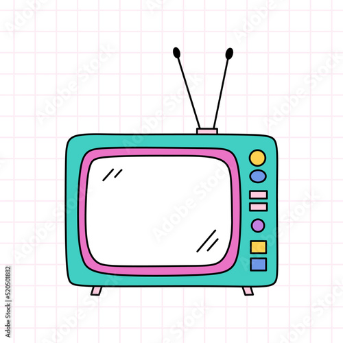Retro TV in bright colors. Vector hand-drawn doodle illustration isolated on white background. Perfect for cards, decorations, logo, various designs. Nostalgia, 90s style