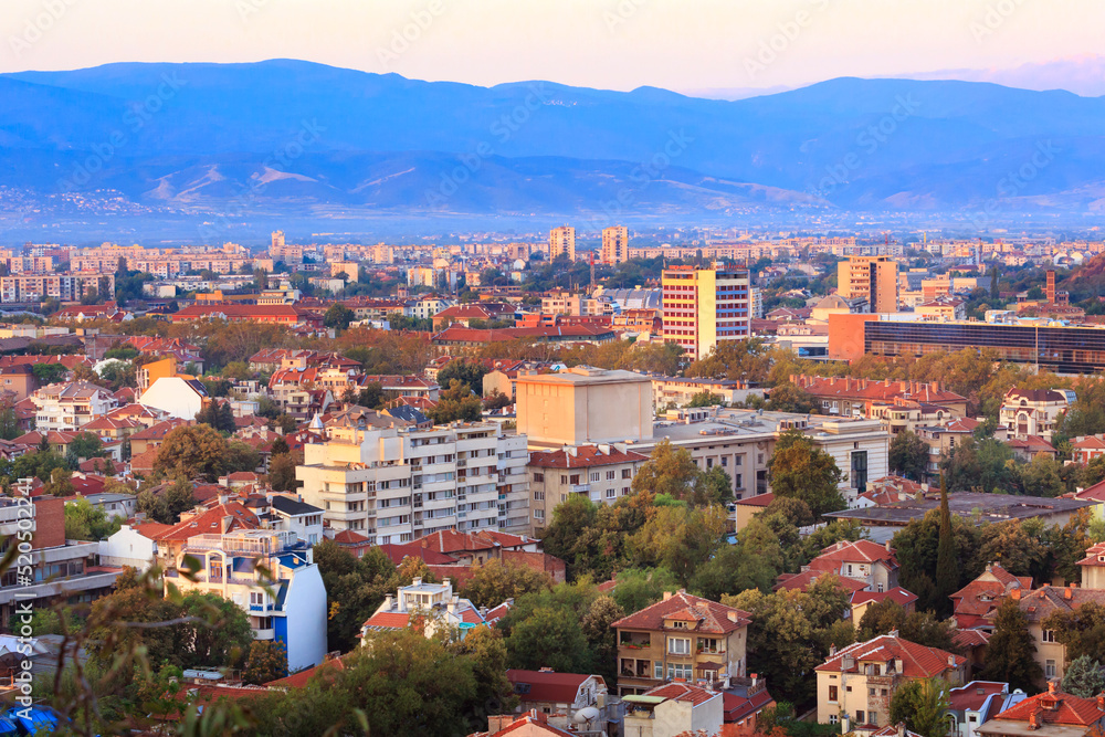 Sunrise panorama of Plovdiv city, Bulgaria