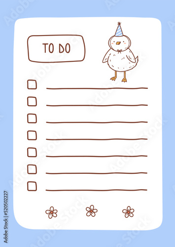 To do list template decorated by kawaii goose. Cute design of schedule, daily planner or checklist. Vector hand-drawn illustration. Perfect for planning, notes and self-organization.