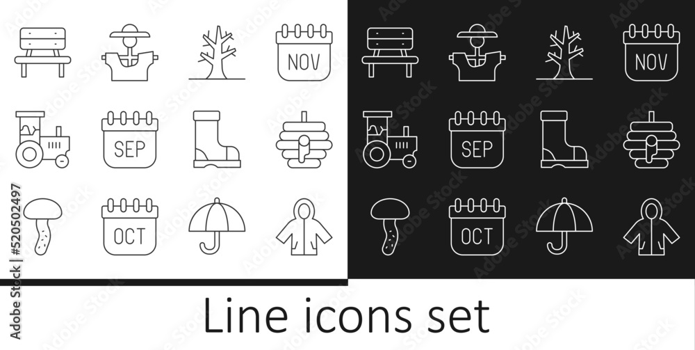 Set line Raincoat, Hive for bees, Bare tree, September calendar autumn, Tractor, Bench, Waterproof rubber boot and Scarecrow icon. Vector